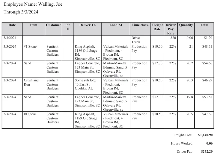Driver Pay Statement showing both hourly and production pay jobs.