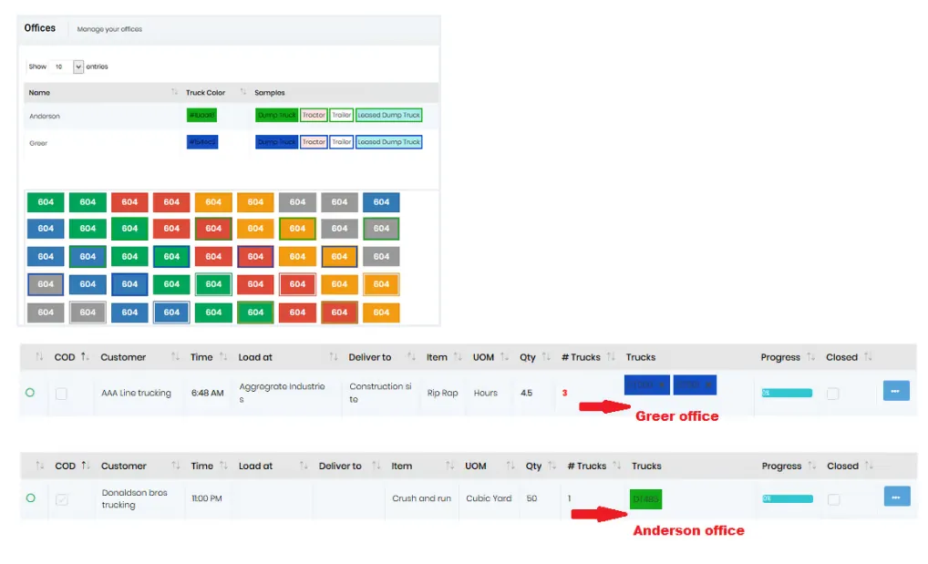 Color-coded trucks by office